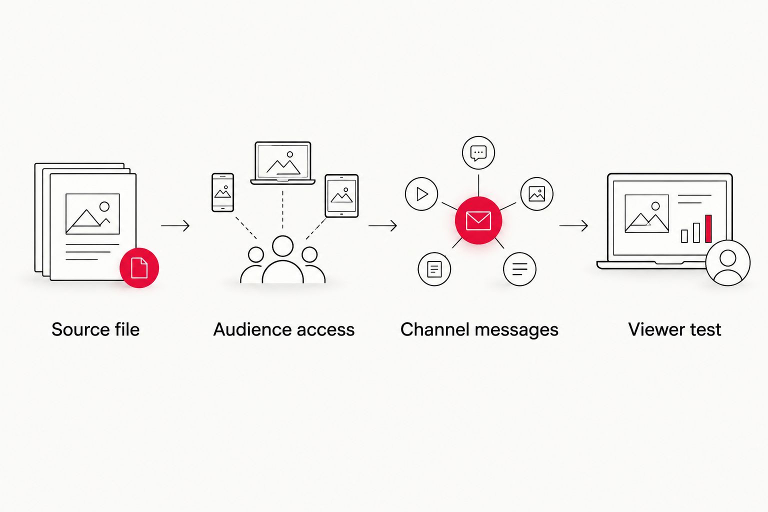 Distribution sequence from approved source file through permissions and channel messages to viewer testing