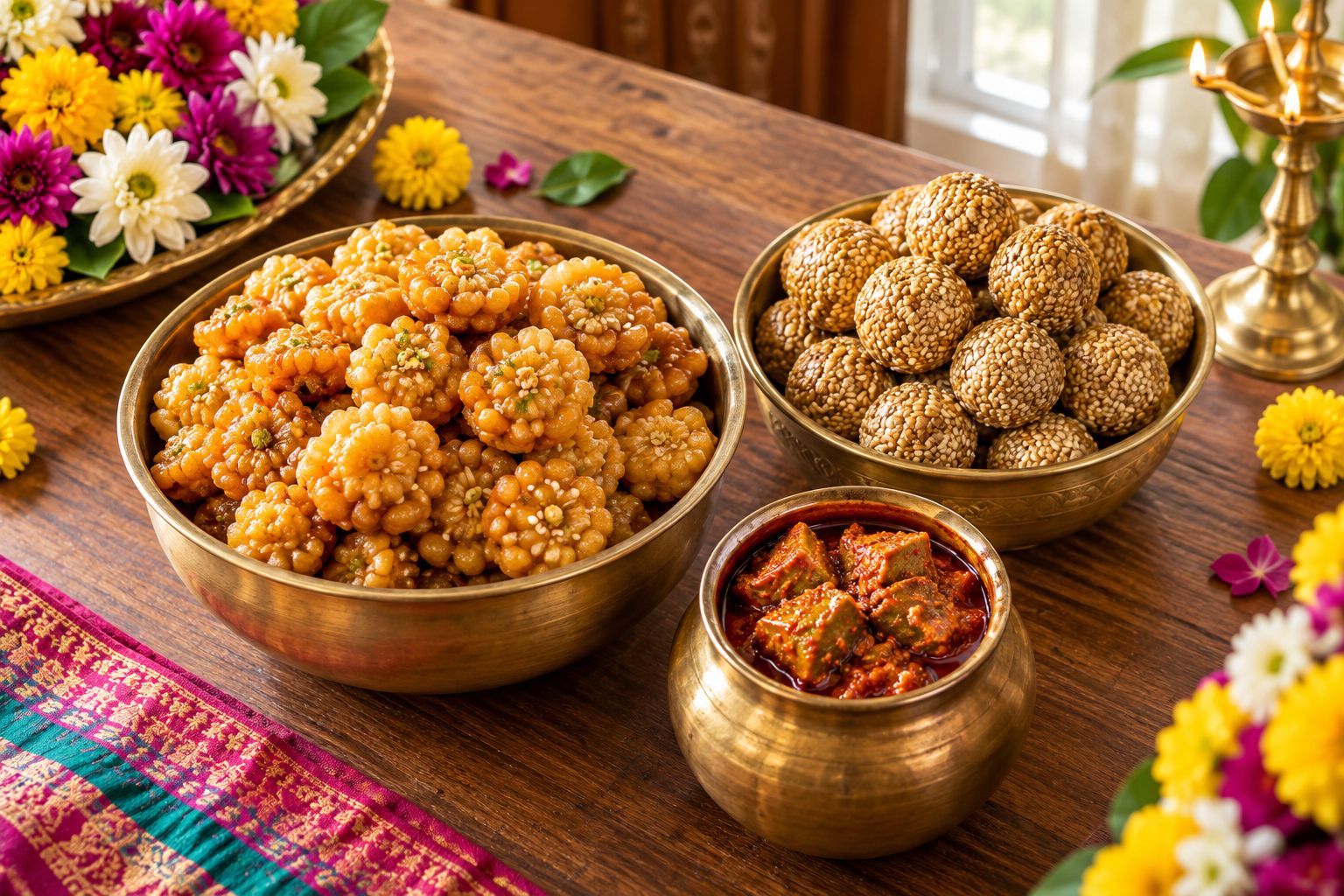 Traditional Telangana festival sweets and a pickle jar arranged on a home dining table