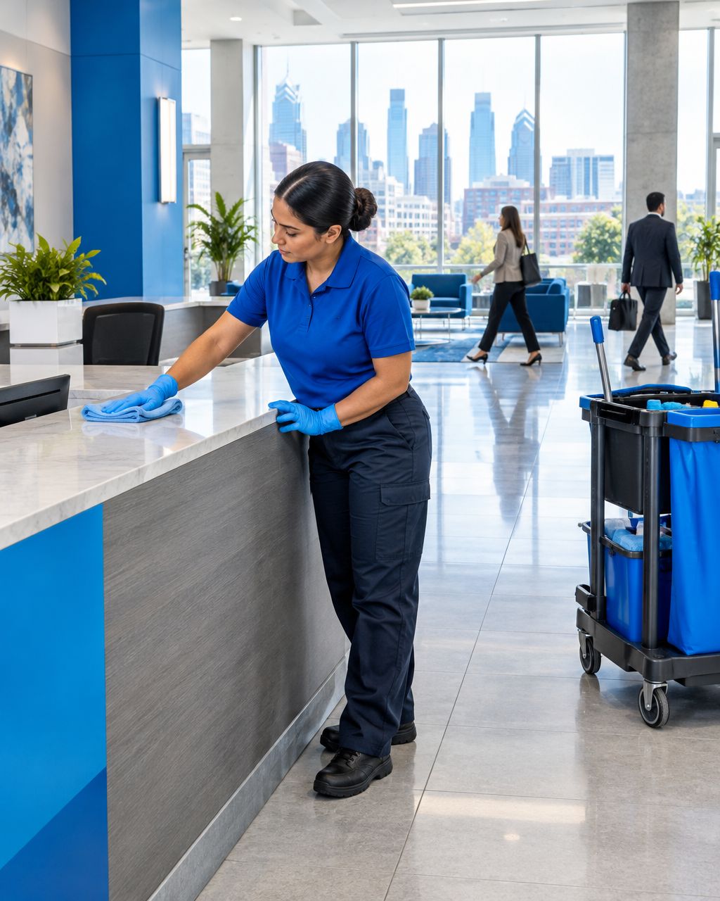 Illustration of a day porter wiping an approved reception counter during occupied building hours.