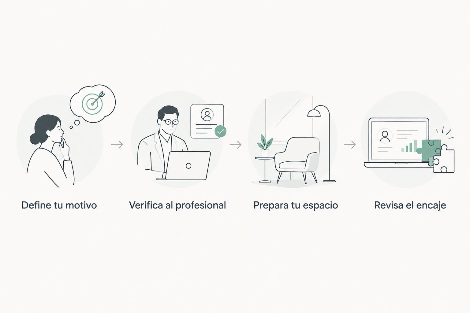 Pasos para elegir terapeuta: motivo, verificación, preparación del espacio y revisión del encaje.