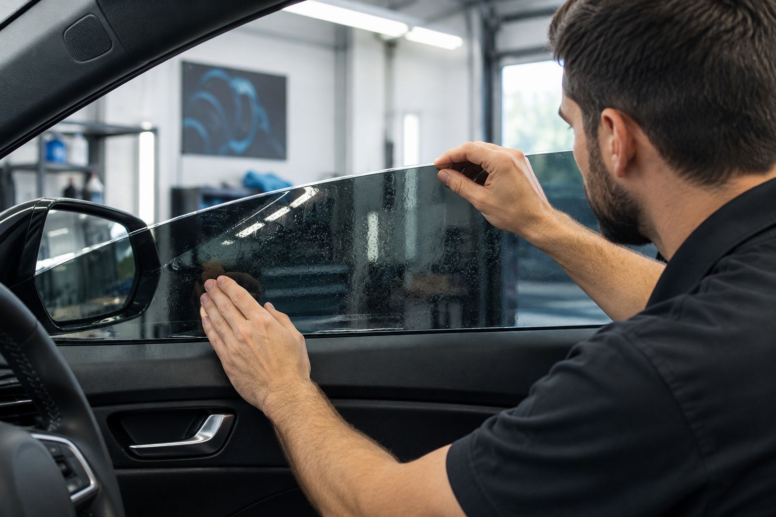 Technician inspecting the upper edge of a tinted car side window