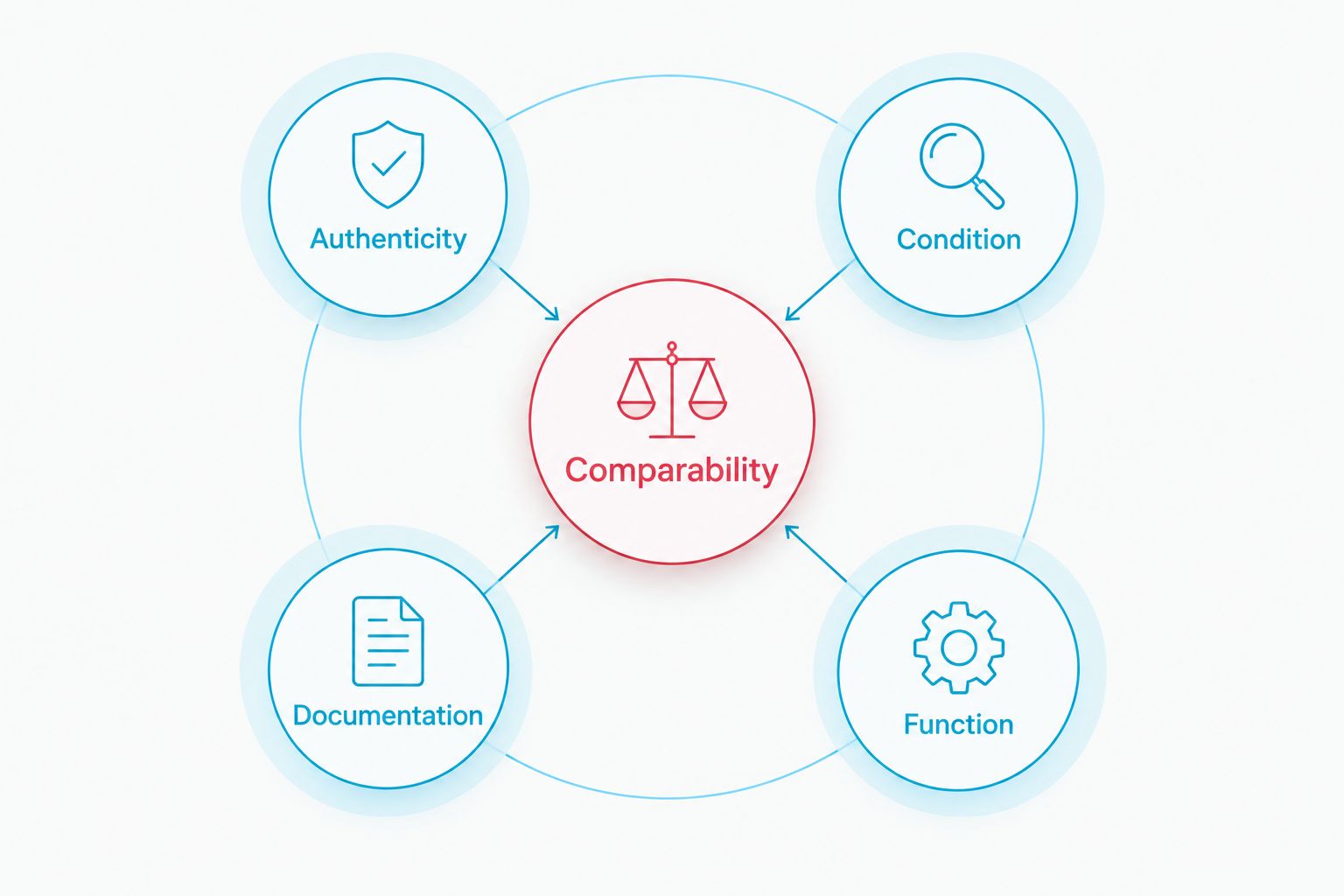 Resale assessment diagram connecting comparability with authenticity, condition, documentation and function.