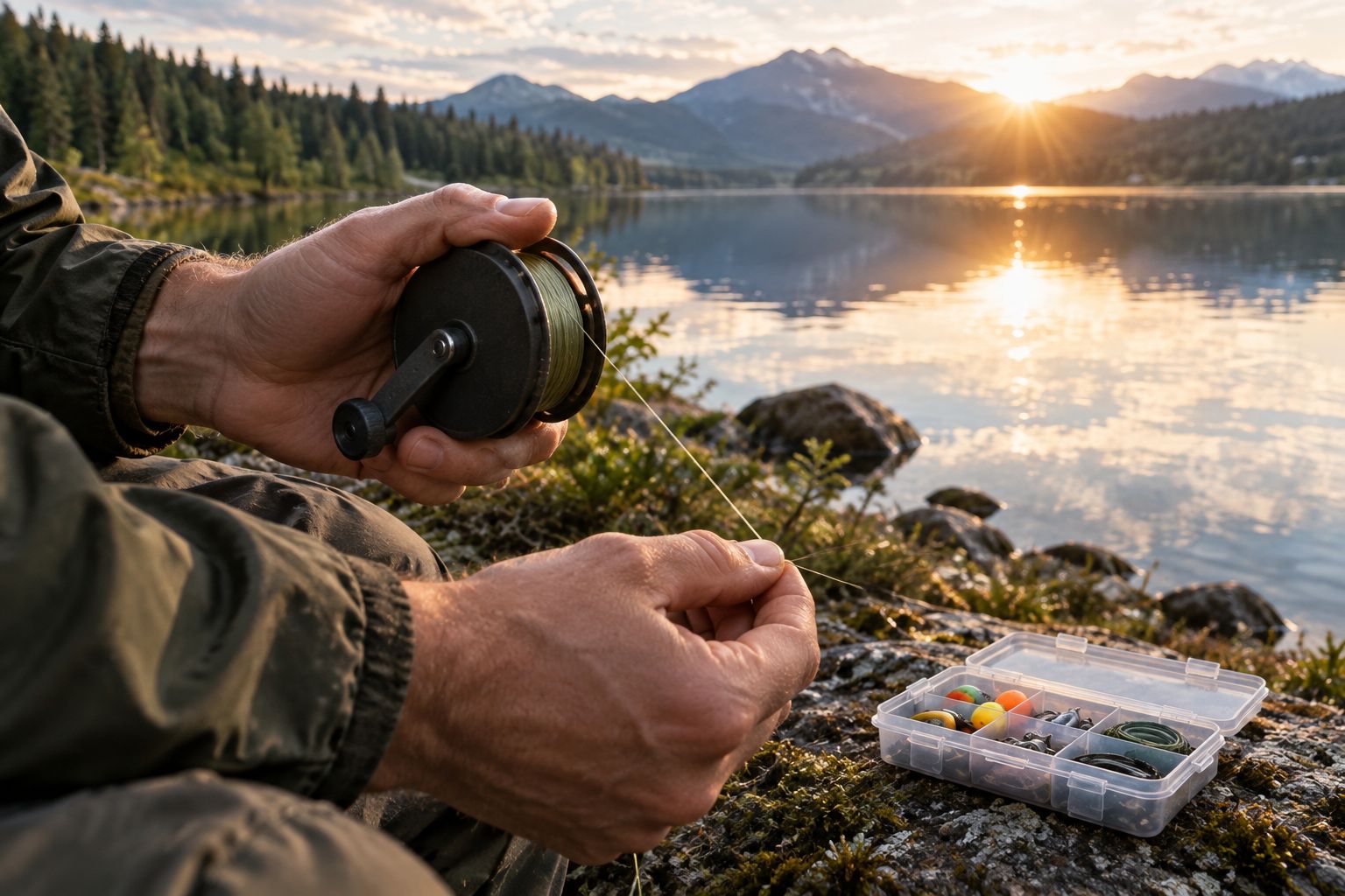 Angler managing a hand reel and line beside a freshwater pond