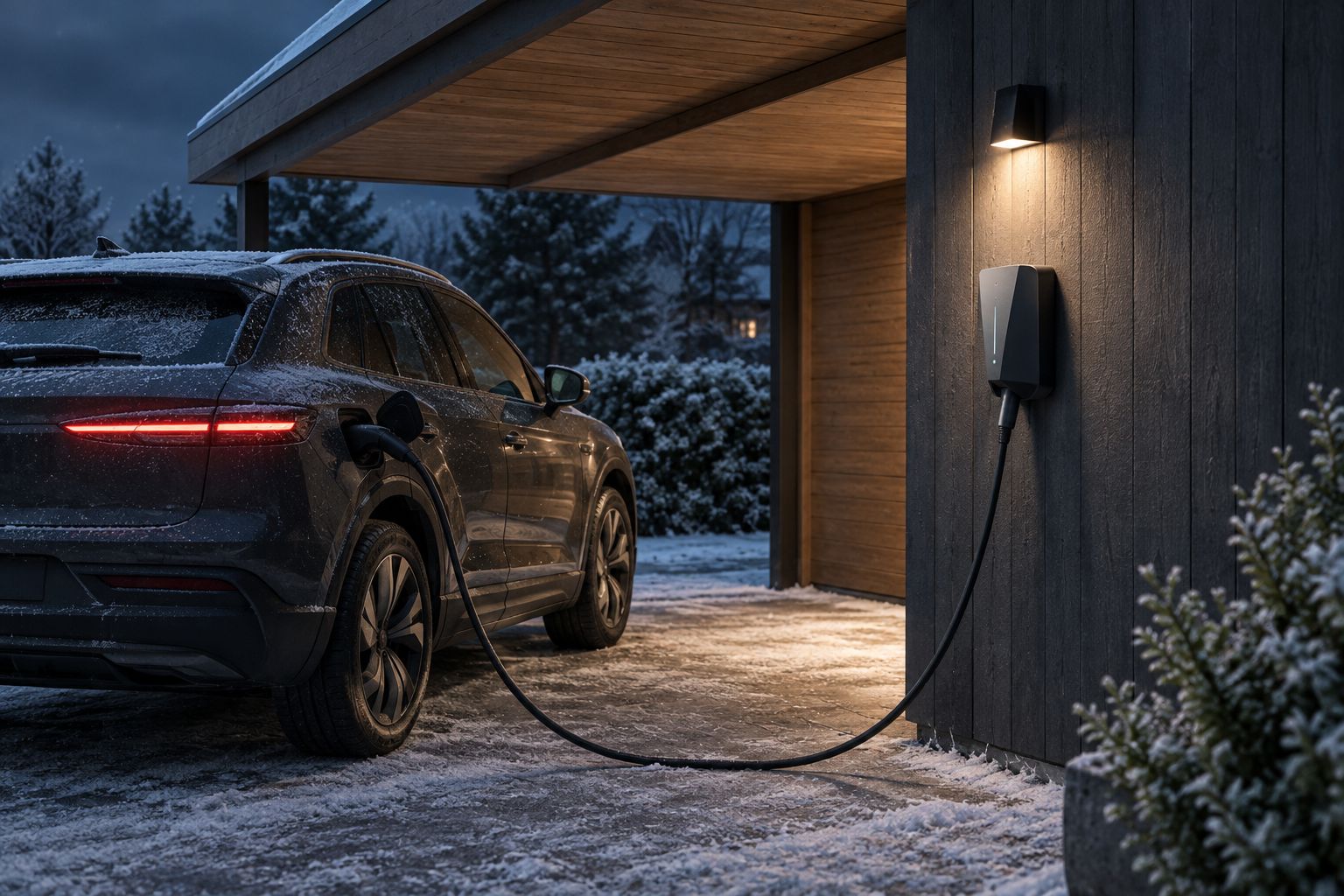 Ladekabel tilsluttet en ladeboks om natten i et dansk carport
