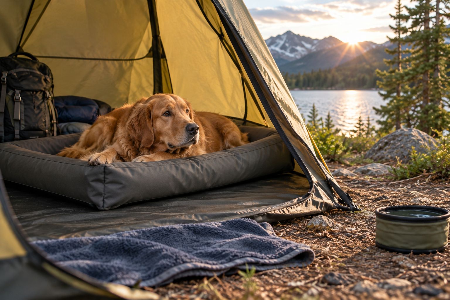Dog resting on a sheltered camping bed with a towel nearby and water bowl away from the bedding