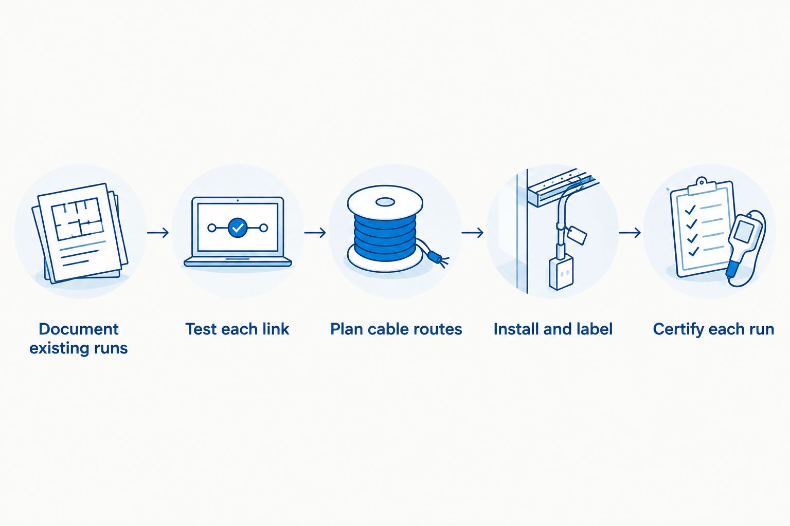 Steps for assessing existing office cabling and certifying new Cat6 runs