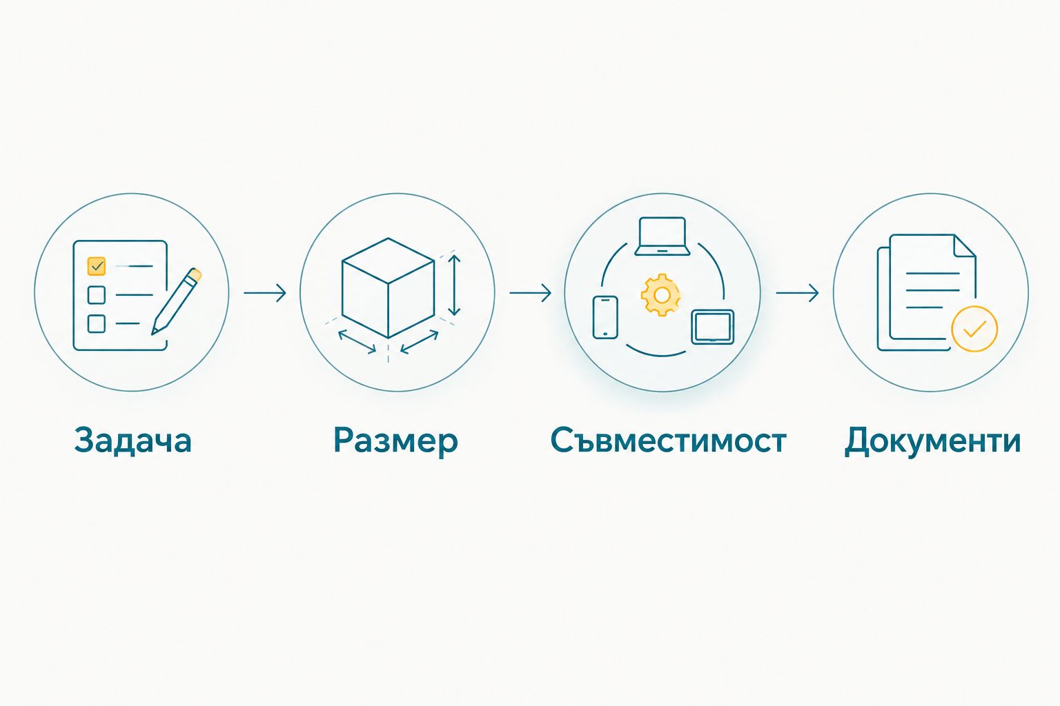 Последователност за избор: задача, размер, съвместимост и документи.
