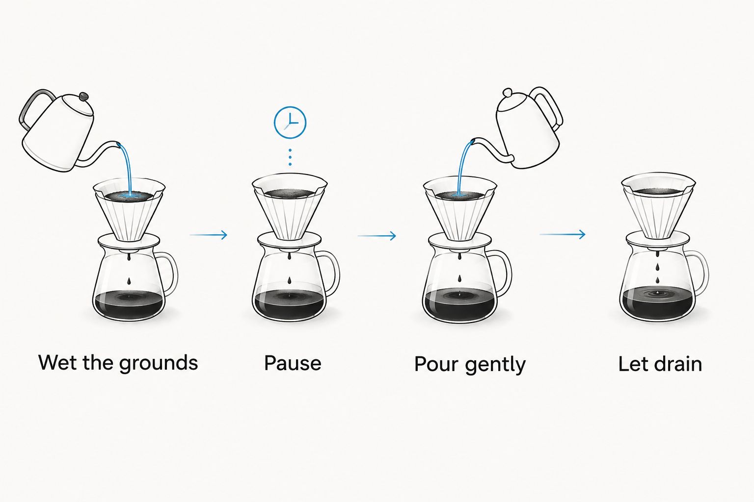 Four pour-over steps: wet the grounds, pause, pour gently, and let the coffee drain.