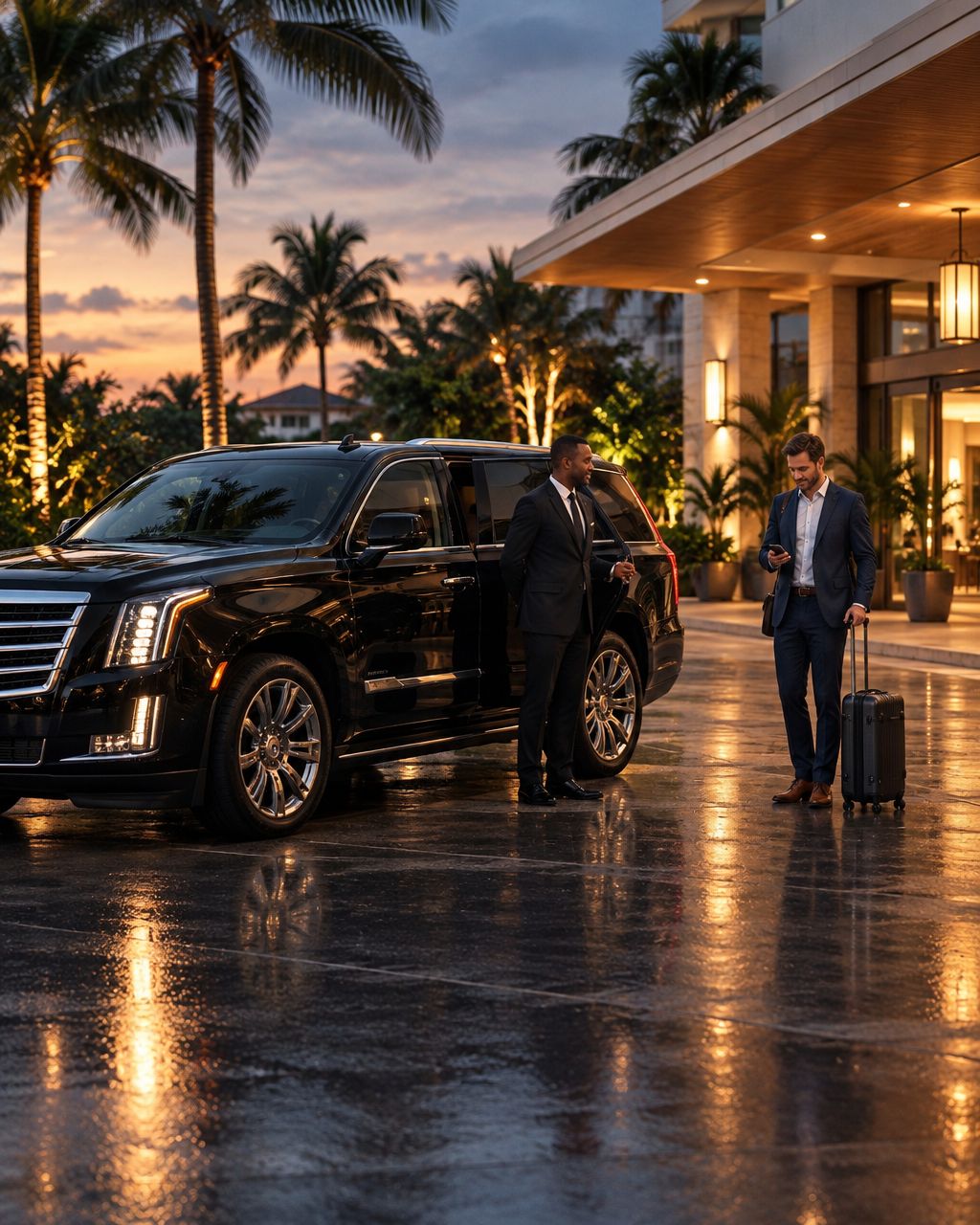 Illustrative chauffeur and business traveler beside a black SUV at a Palm Beach-style hotel at dusk