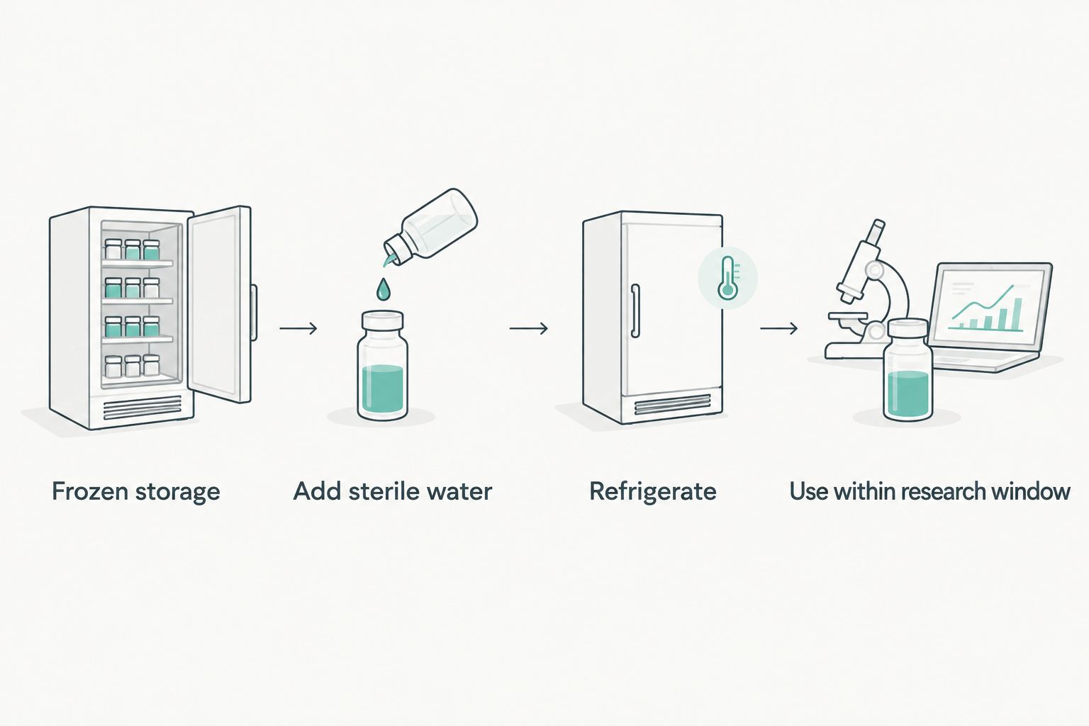 Four-step flow from frozen lyophilized peptide storage to reconstitution and use