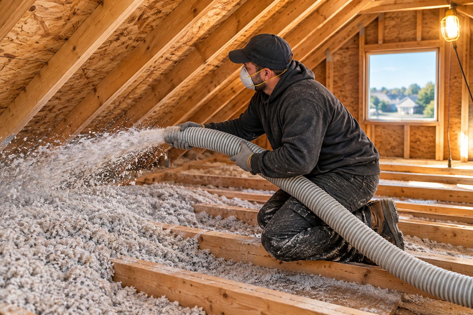 Contractor blowing cellulose insulation into an attic space