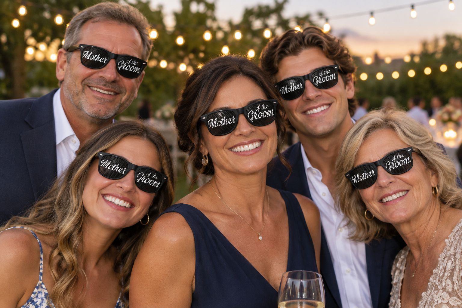 Mother of the Groom Wedding Party Sunglasses worn at a rehearsal dinner group photo