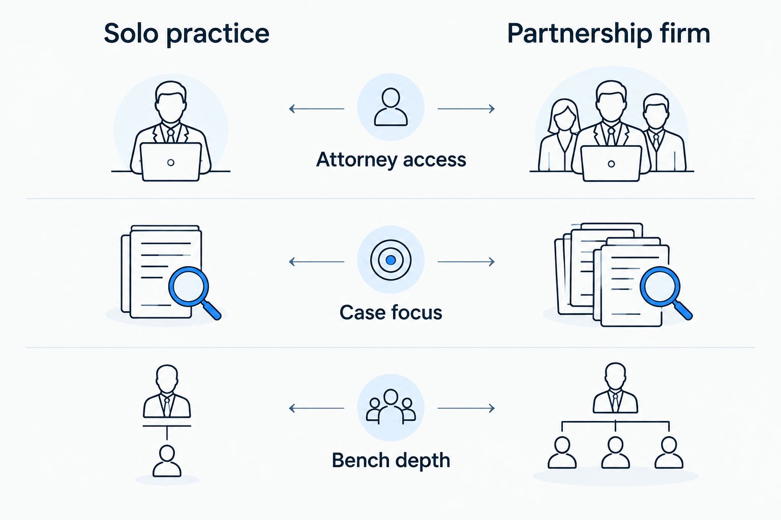 Two-column comparison of a solo practice and a partnership firm