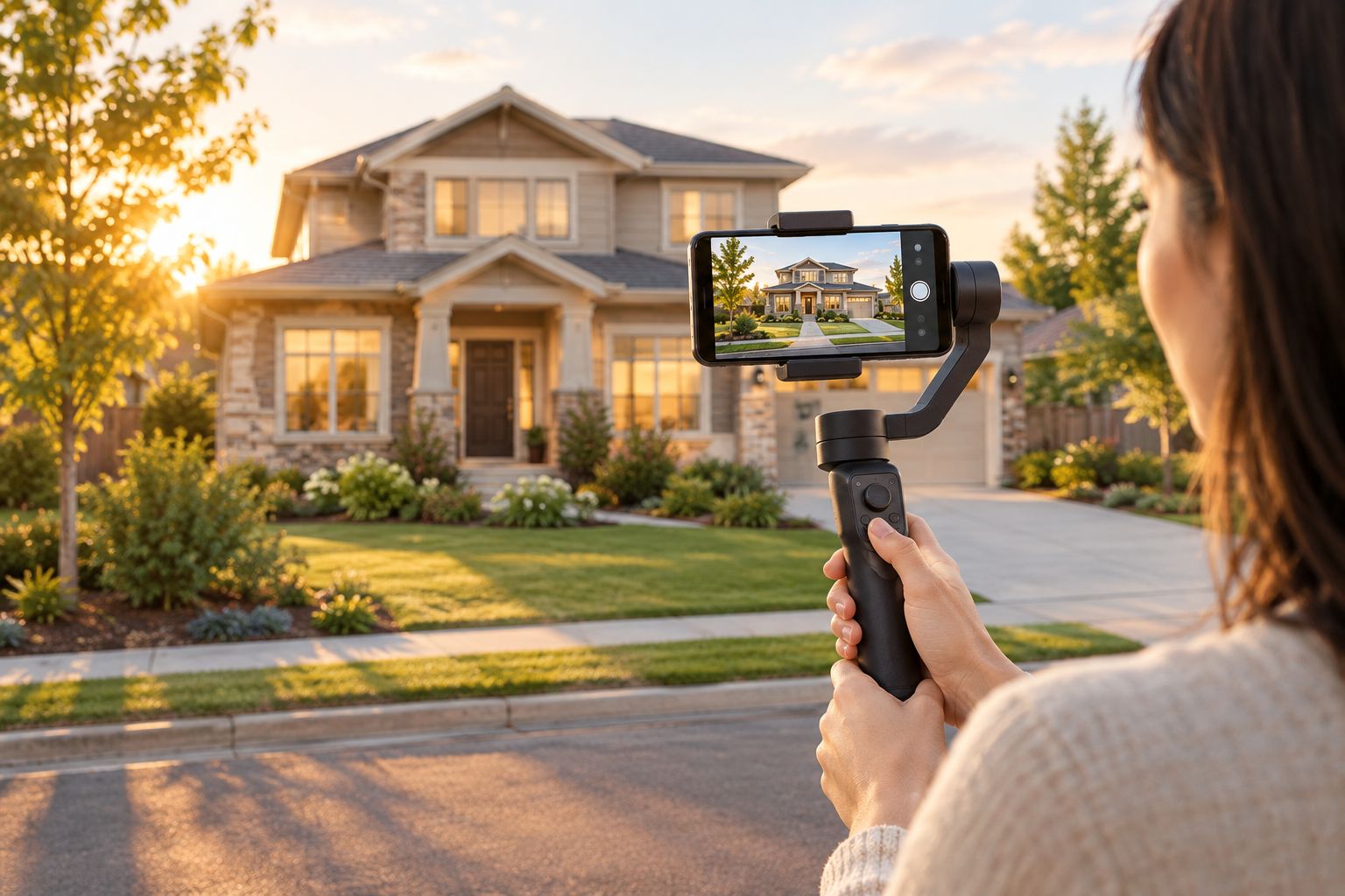 Agent filming a home exterior with a phone on a gimbal