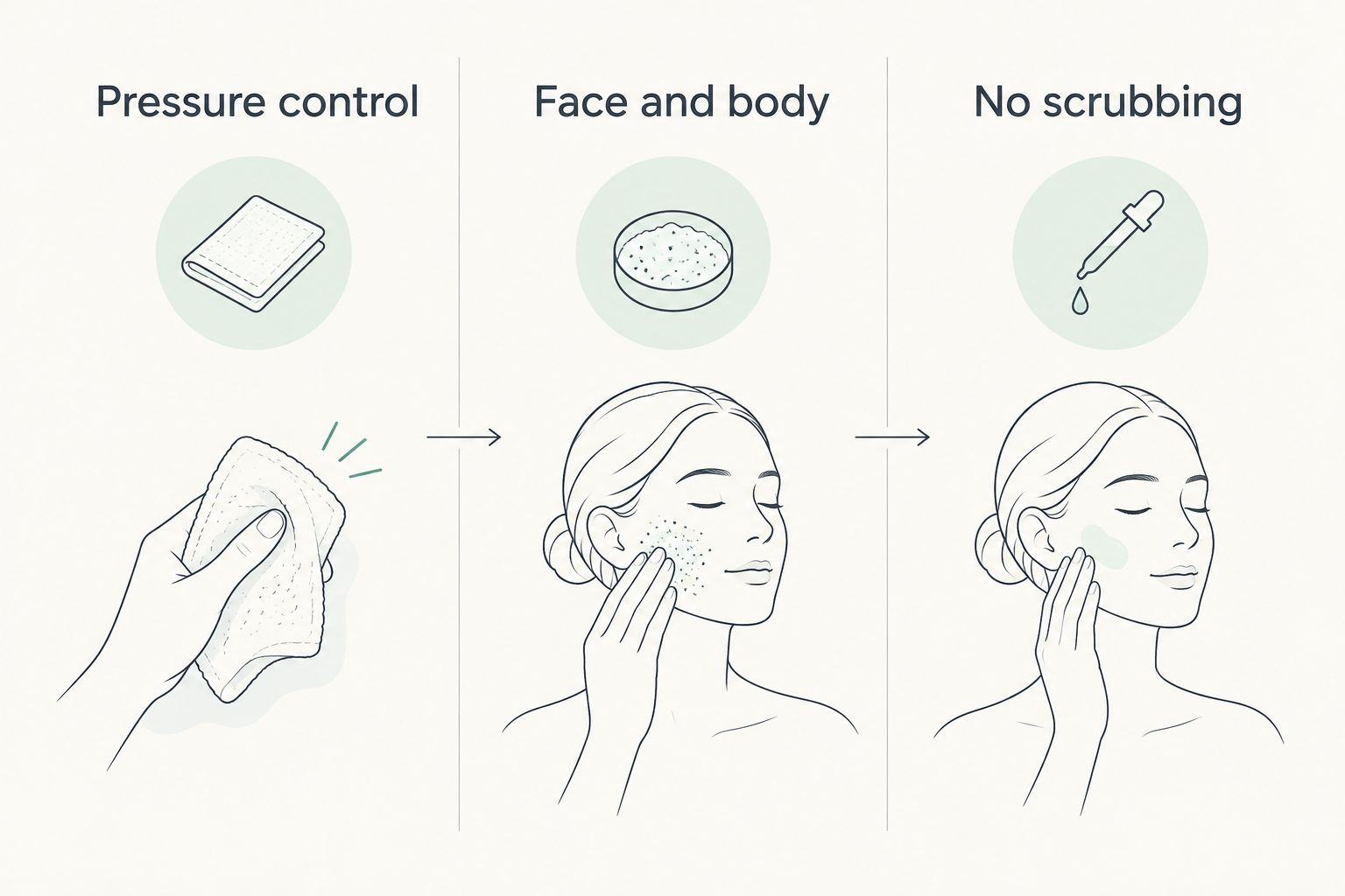 Three-column comparison of pressure control, face-and-body use and exfoliation without scrubbing