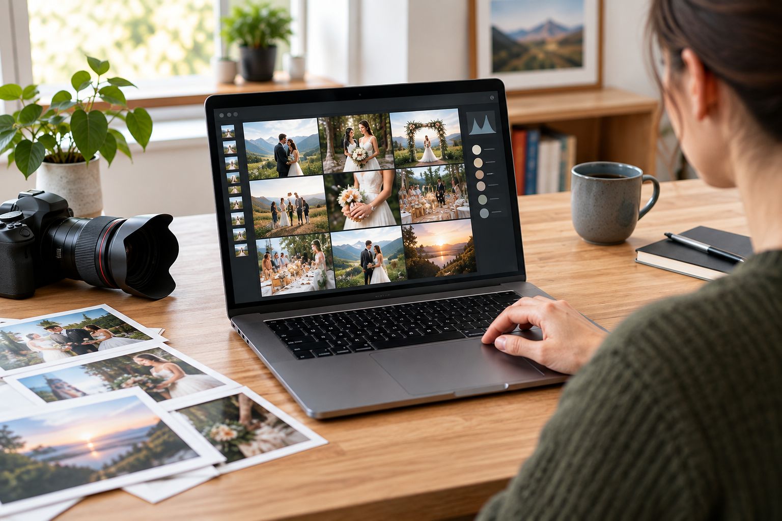 Photographer reviewing a wedding photo gallery grid on a laptop