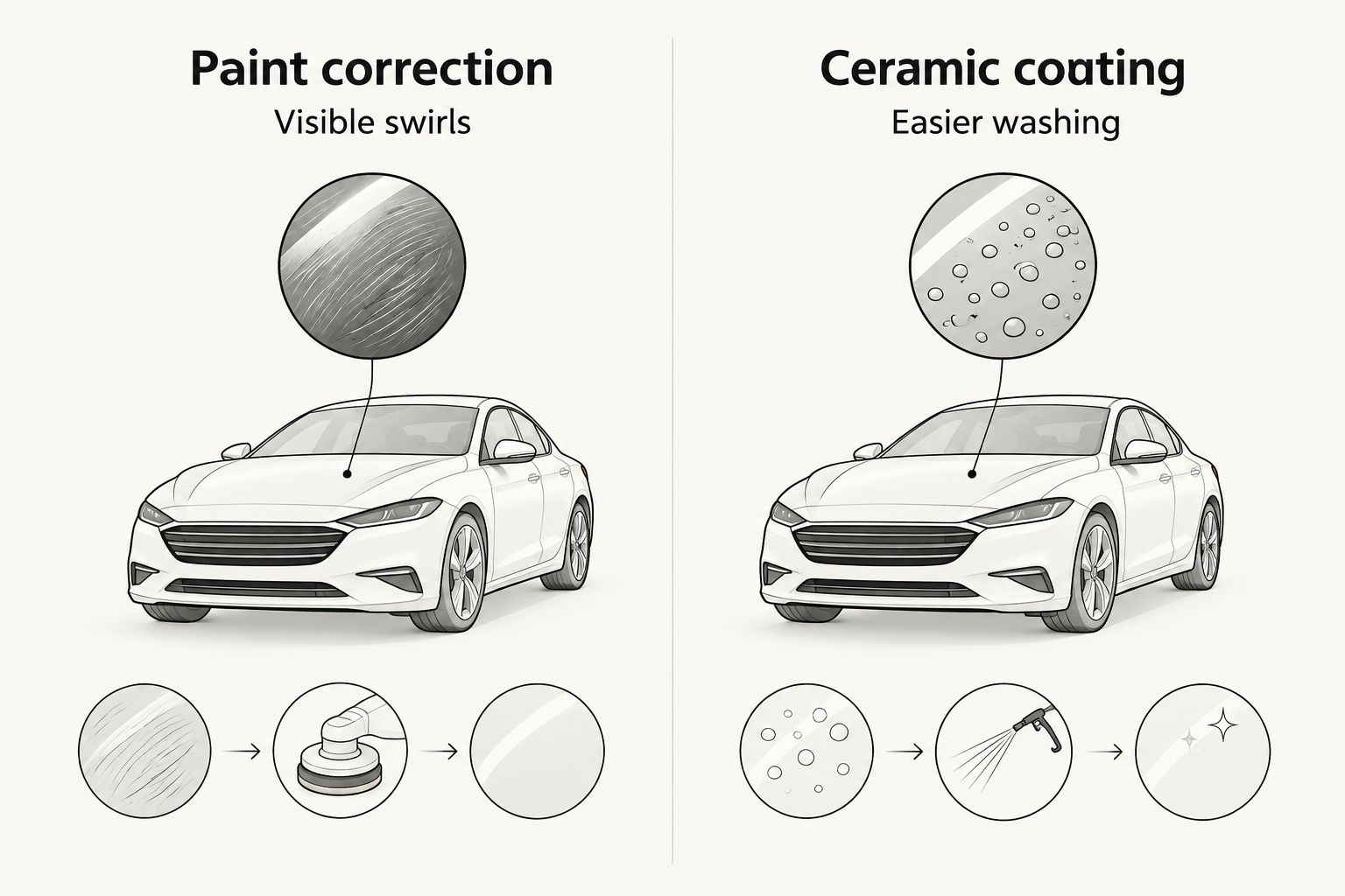 Comparison of paint correction for visible swirls and ceramic coating for easier washing