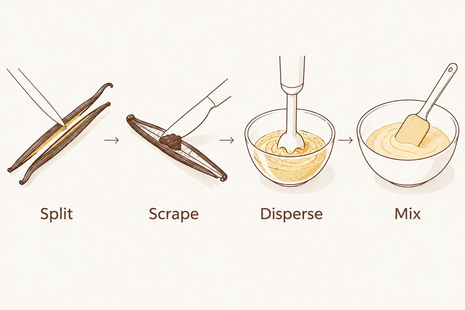 Four steps for using vanilla seeds: split the pod, scrape the interior, disperse the pulp, and mix.
