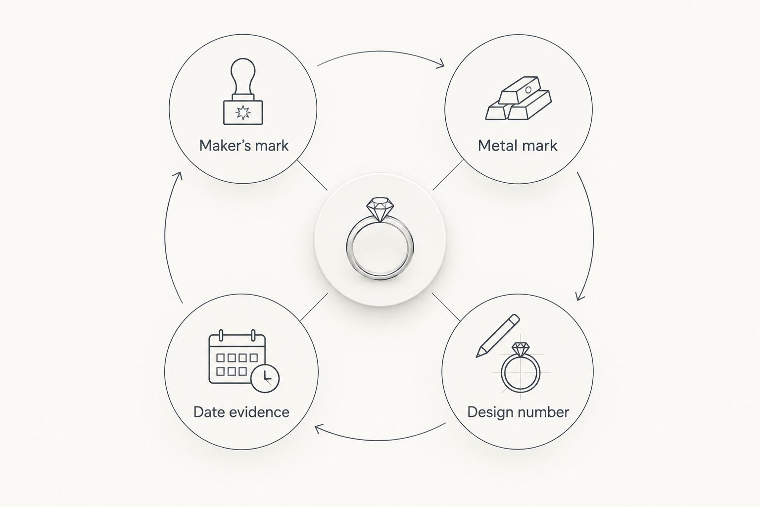 Four-part loop for checking jewelry marks and dating evidence