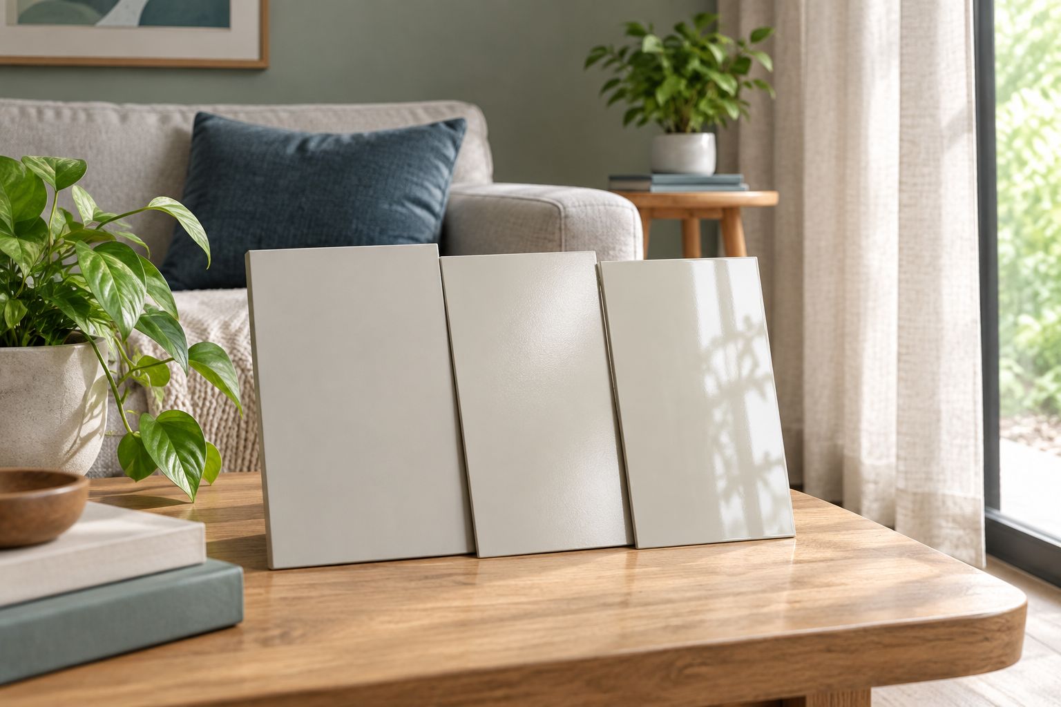 Paint sample boards with different sheens beside living-room furnishings