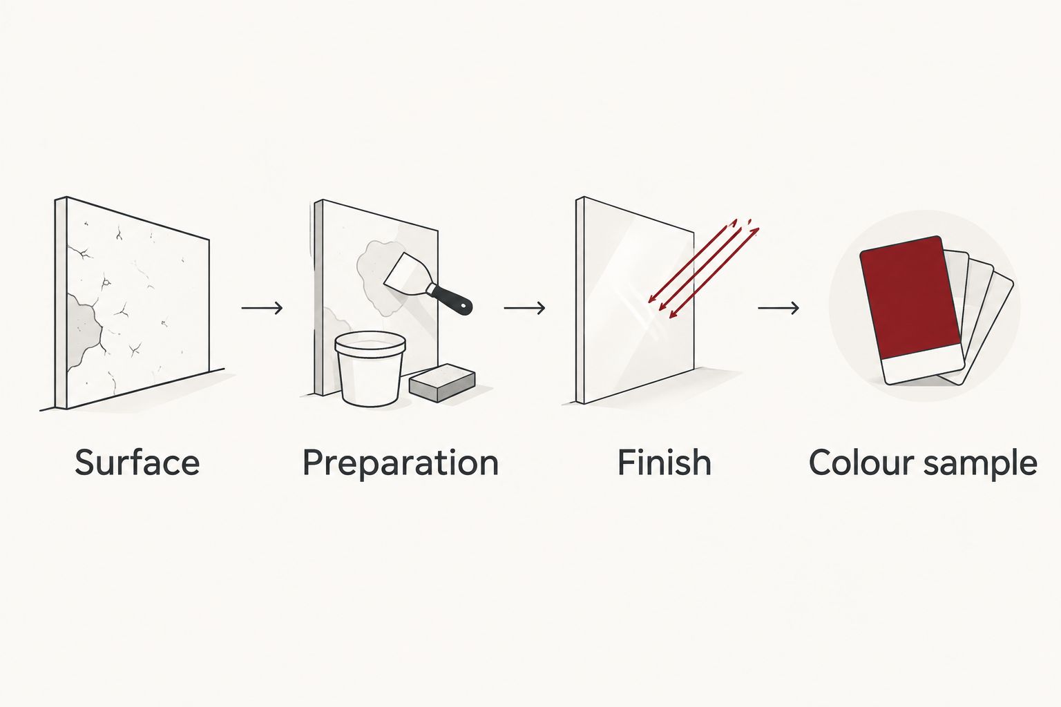 Four paint-selection steps: surface, preparation, finish and colour sample