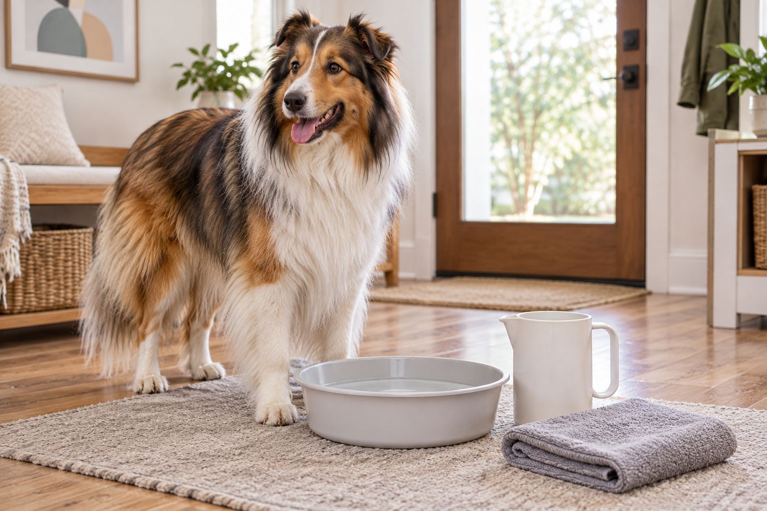 Doorway paw-cleaning setup with a shallow basin, jug, towel, and long-haired dog
