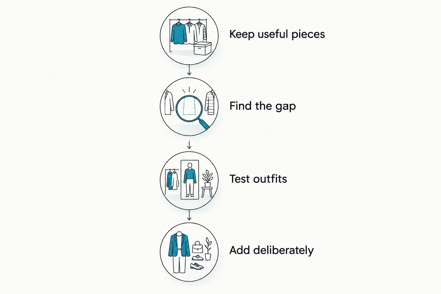 Four steps for choosing a capsule addition, from keeping useful clothes to adding deliberately.