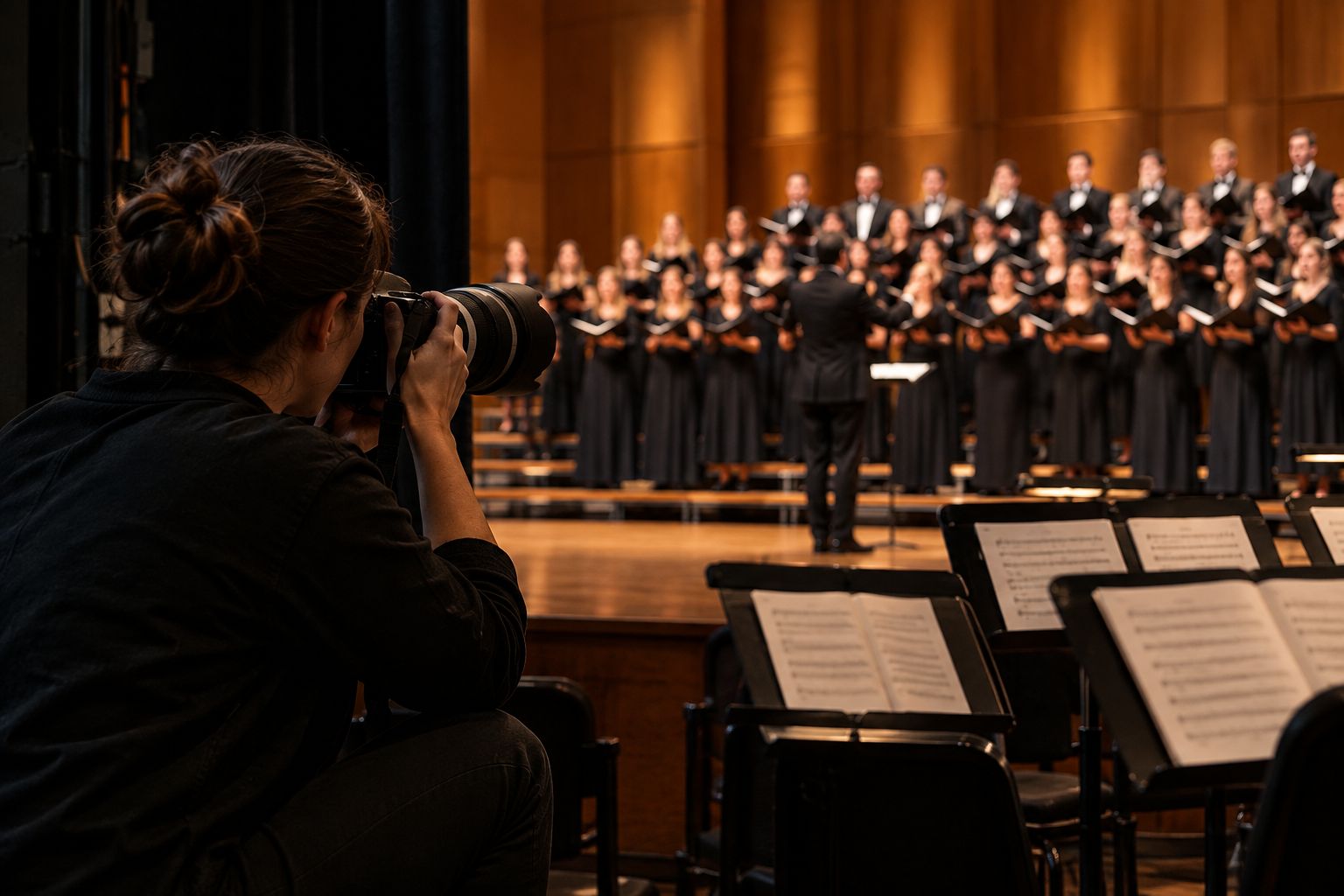 Photographer shooting a choir on risers from the wings of a dim concert hall