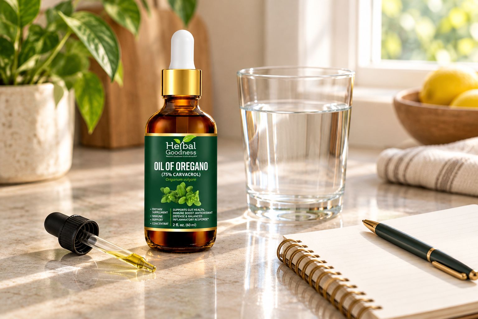 Oil of oregano bottle on a kitchen counter beside a dropper and an open planner