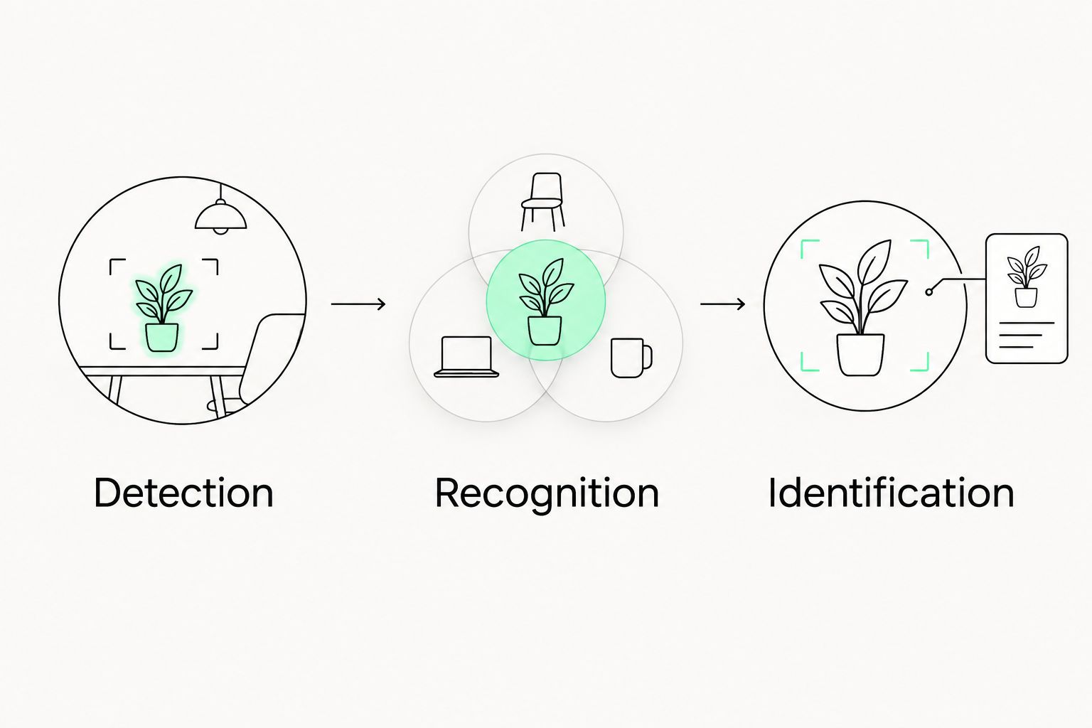 Three observation stages: detection, recognition and identification