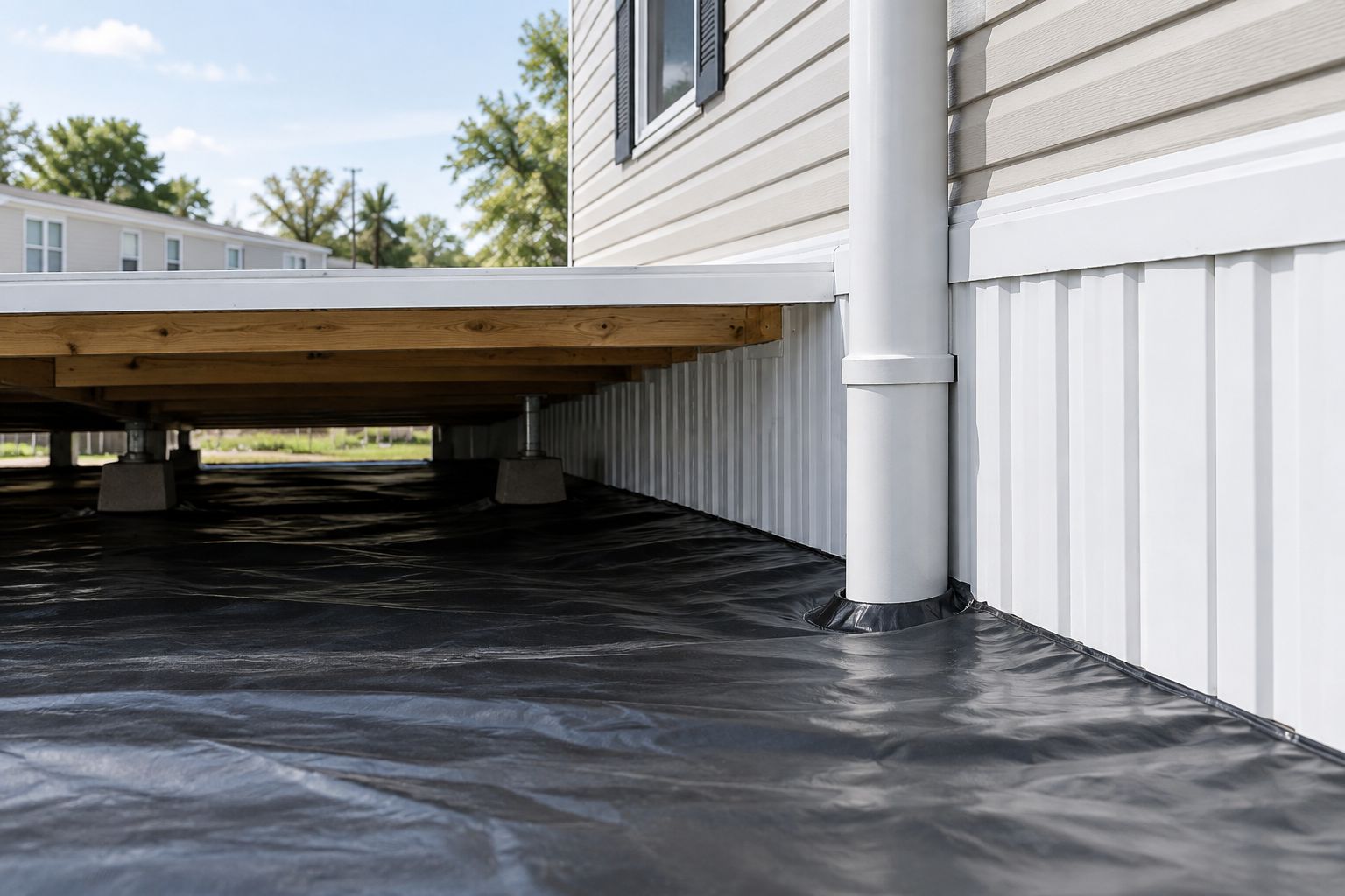 Sealed crawl-space membrane and vent pipe beneath a manufactured home