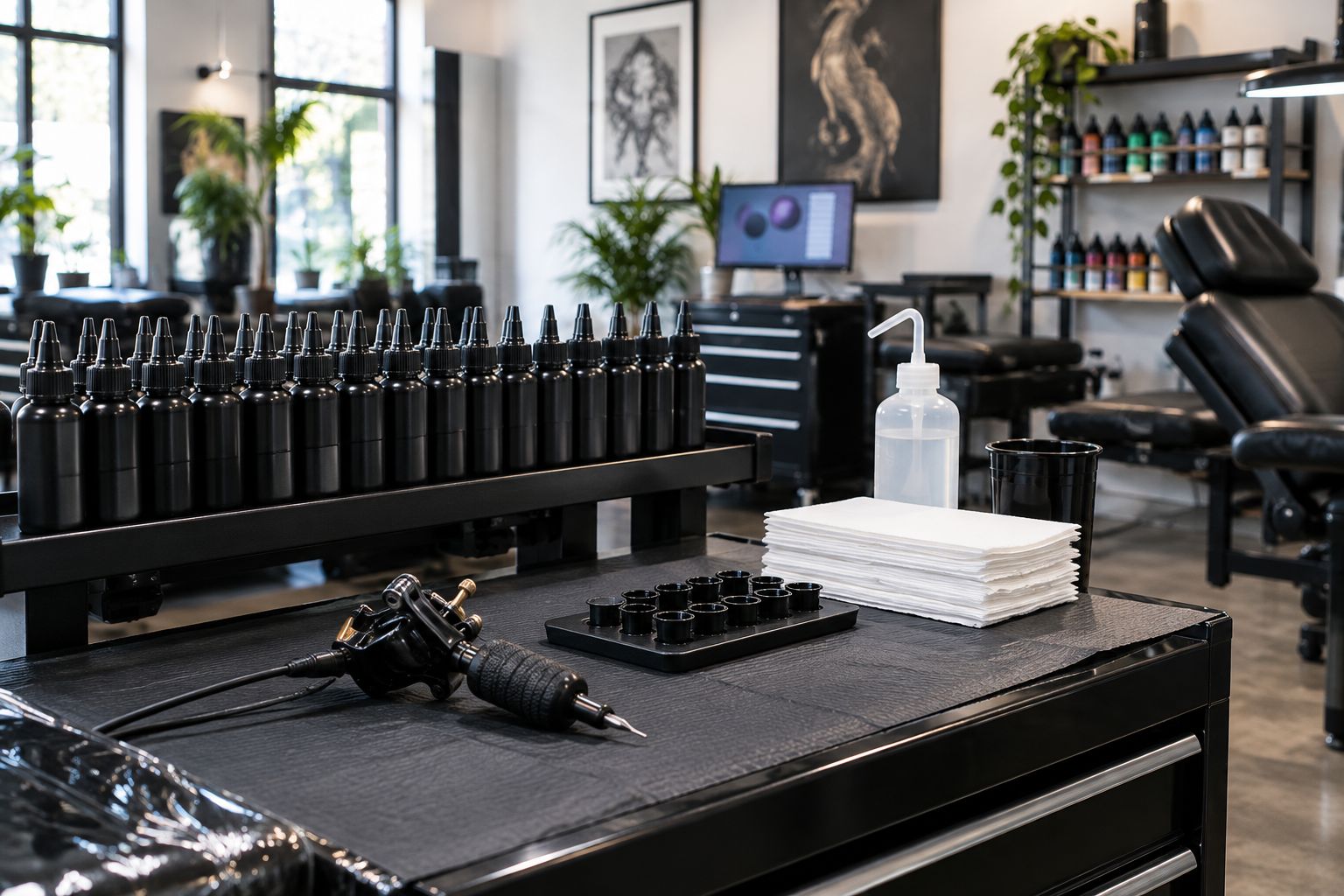 Row of standardized tattoo ink bottles on a studio station shelf