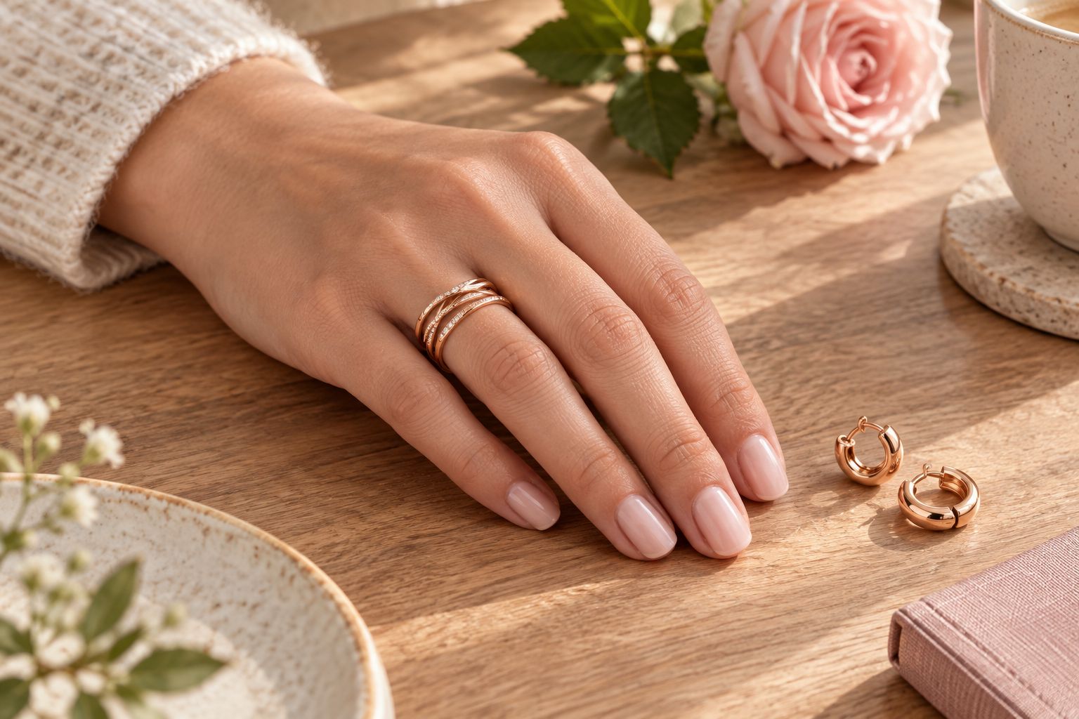 Hand wearing stacked rose gold rings next to rose gold hoop earrings