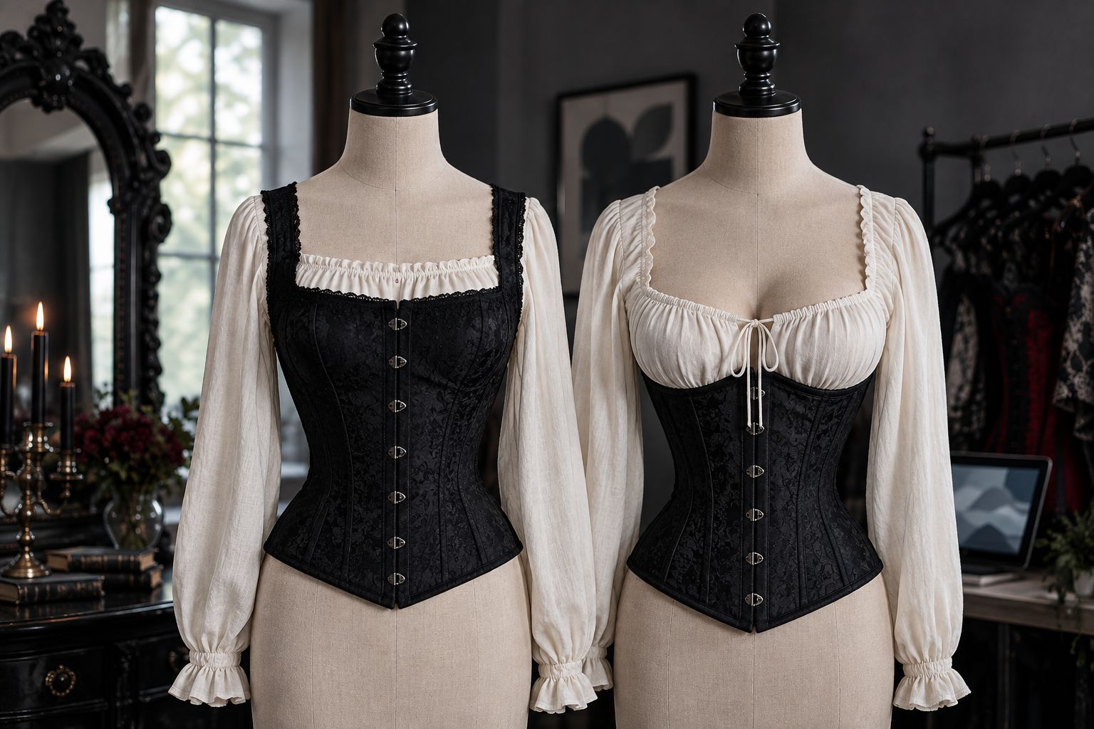 A tailored bodice and an underbust corset showing their different coverage over plain blouses.