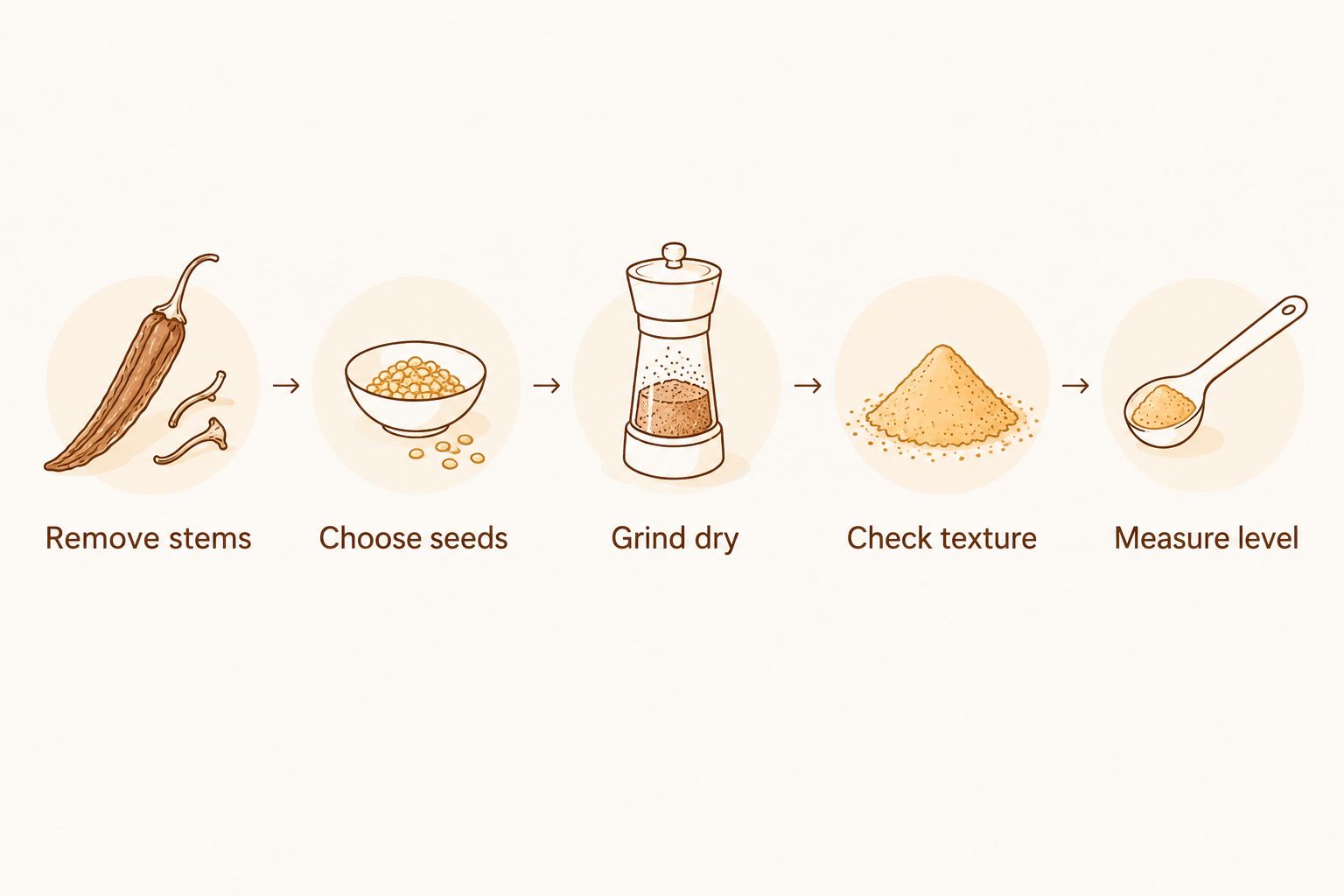 Steps for turning dried Kashmiri chilies into a level spoonful of powder
