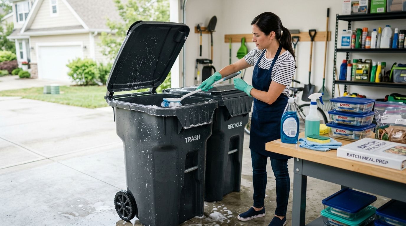 Trash bin cleaning for batch meal prep households