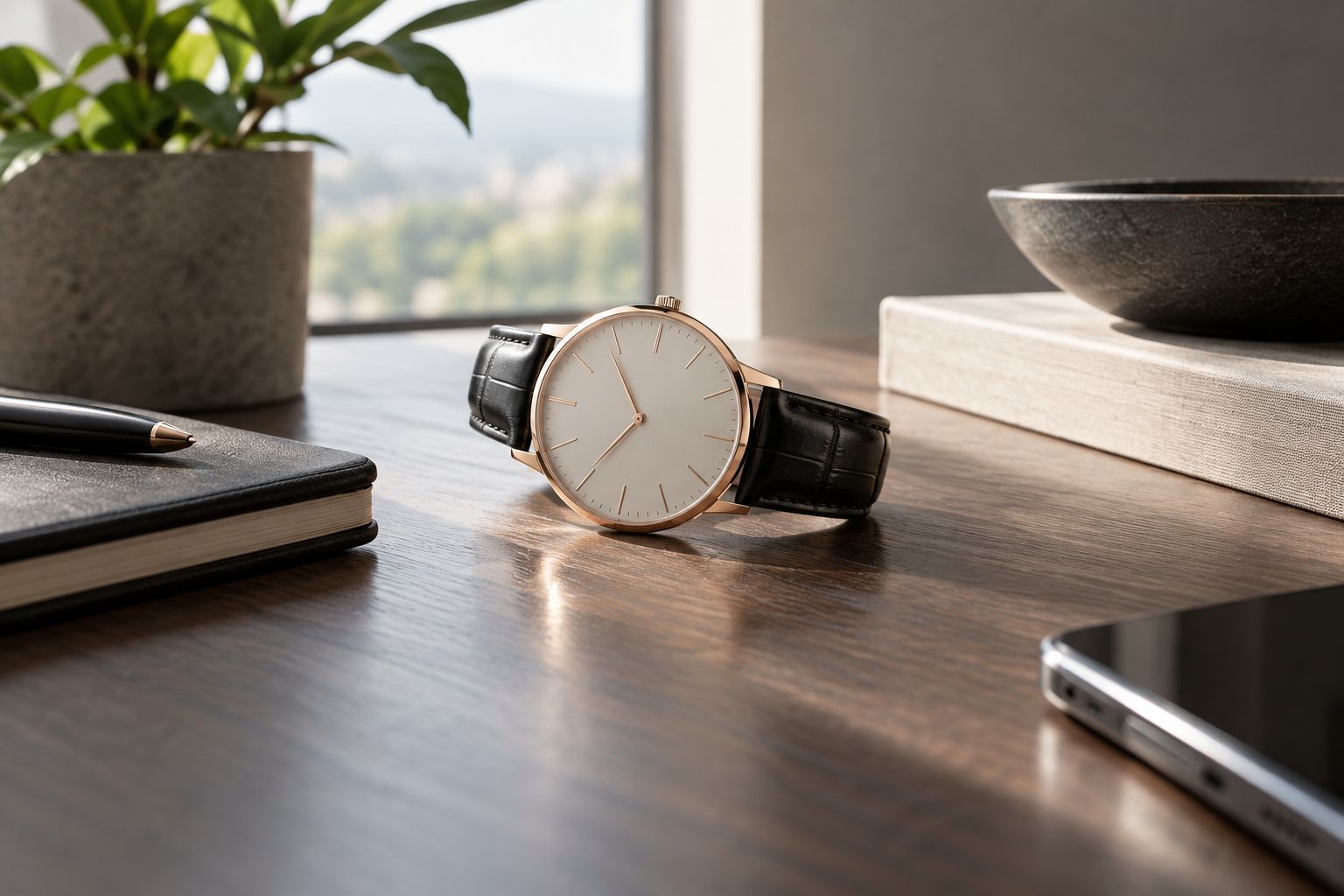 Slim round dress watch case with a minimal dial on a wooden desk
