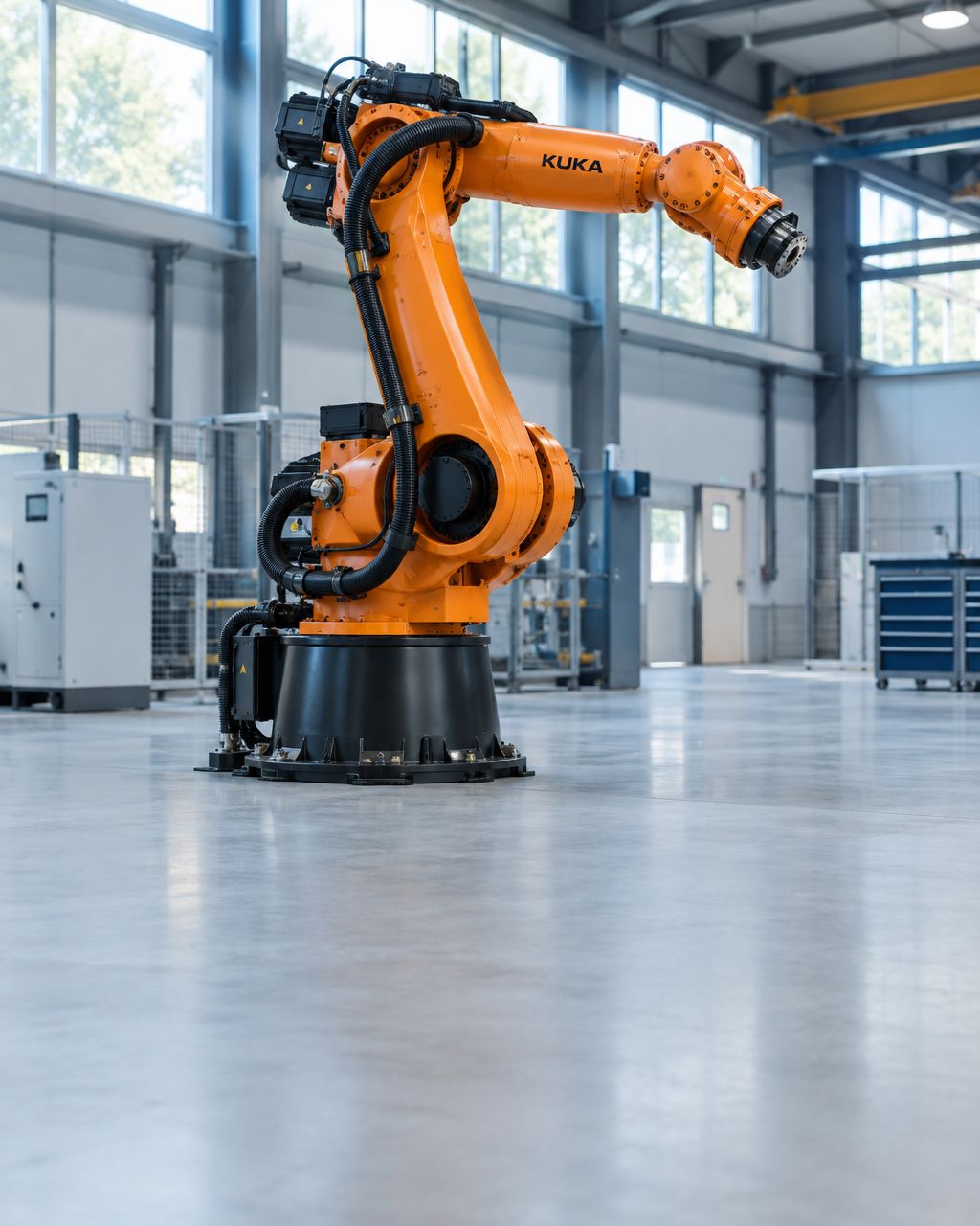 Refurbished orange KUKA six-axis industrial robot in a modern factory hall