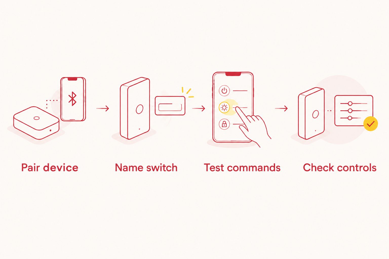 Connected-control setup from pairing the device to checking physical controls
