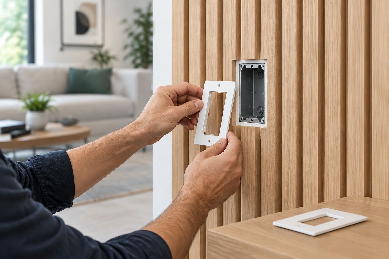 Wood slat wall opening with an accessible electrical box and a flat mounting surround