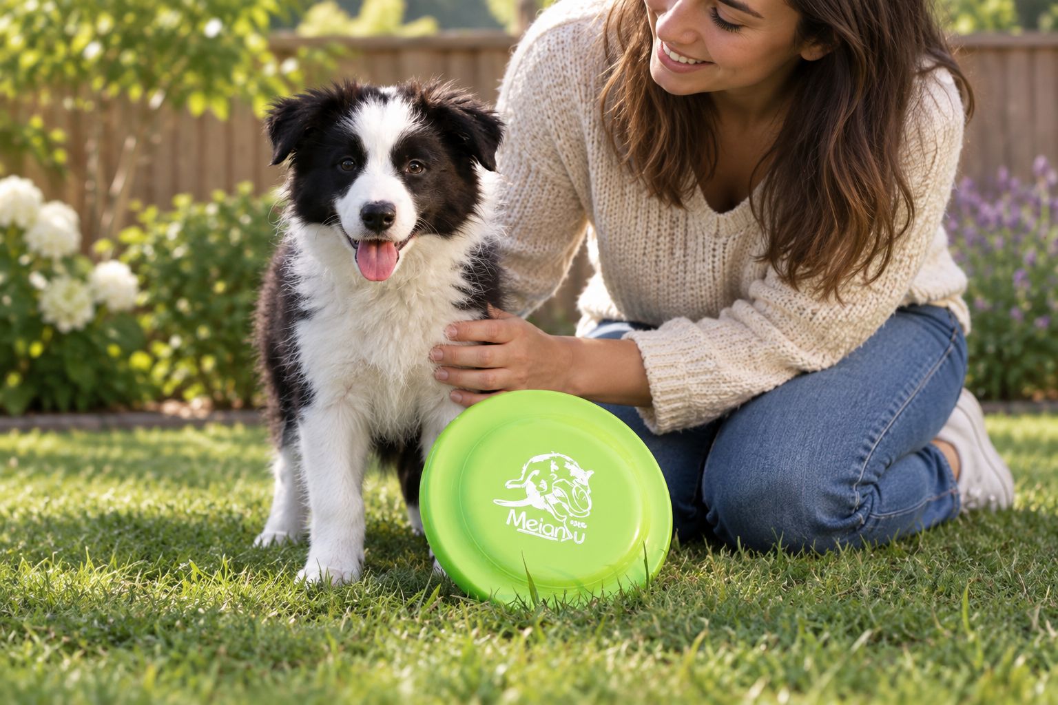A small dog investigating a stationary flying disc with its owner nearby.