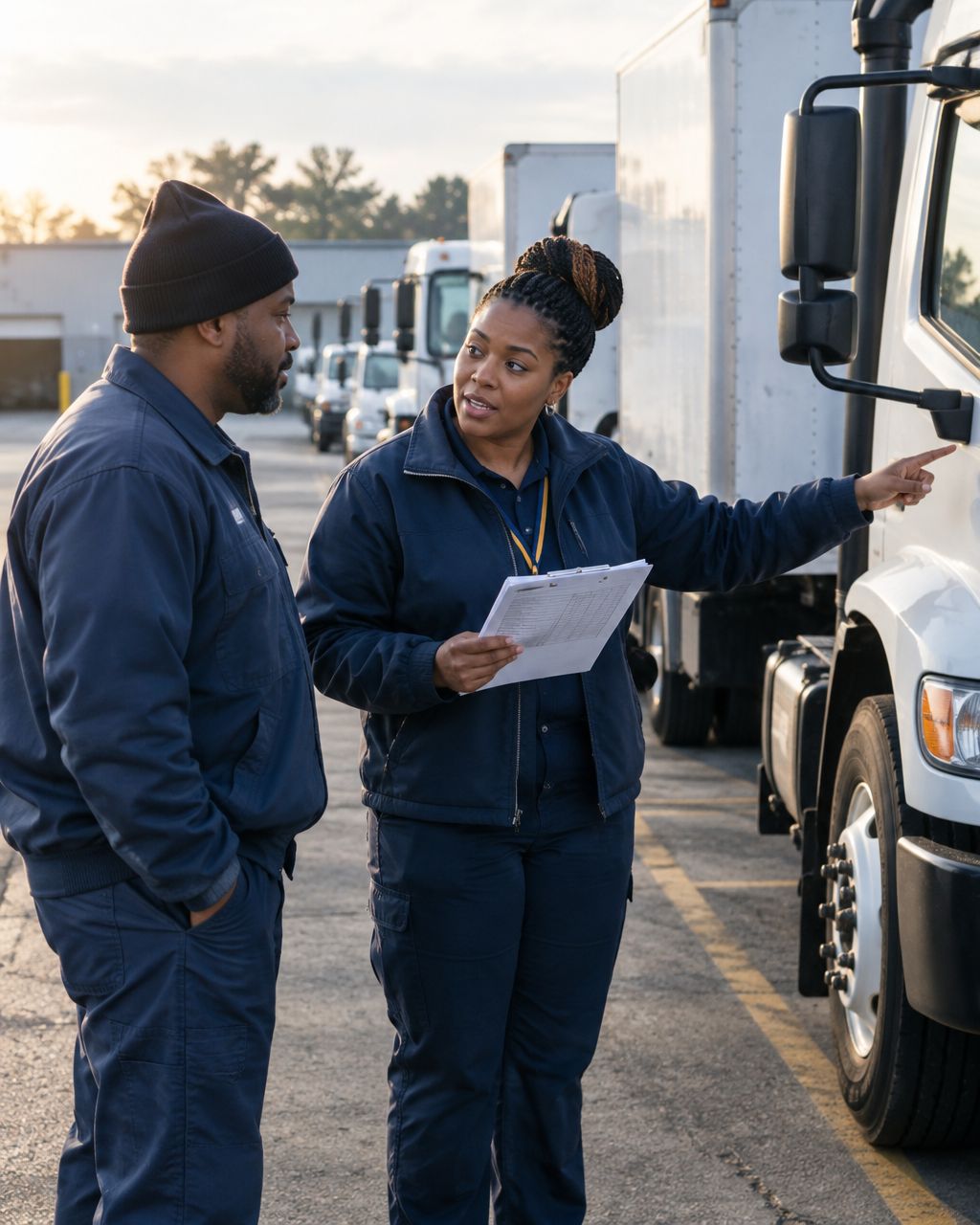 Illustrative photo of an African American fleet safety coordinator reviewing an inspection checklist with a driver
