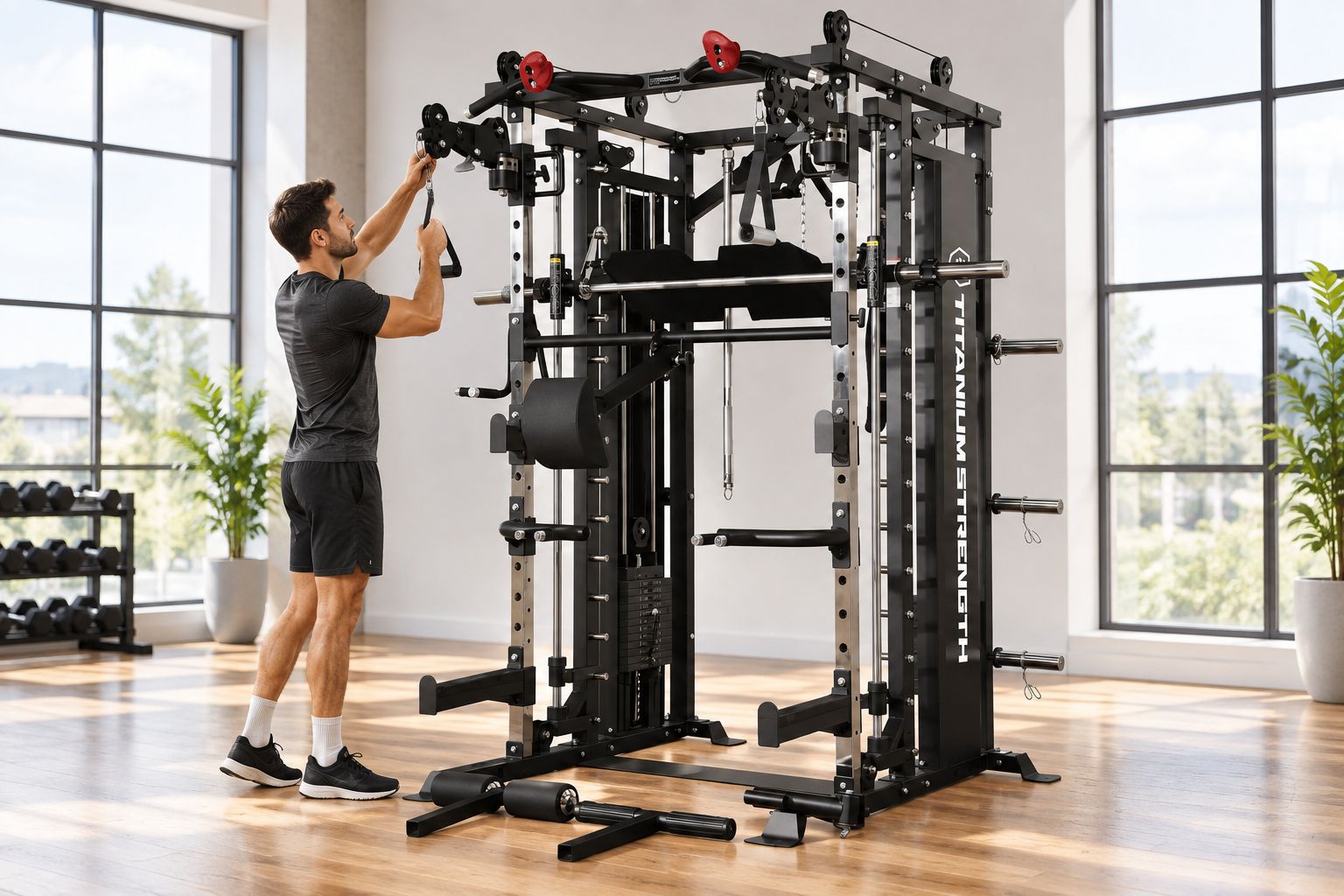 Hybridstation aus Rack, Smith Machine und Kabelzug in einem Studio