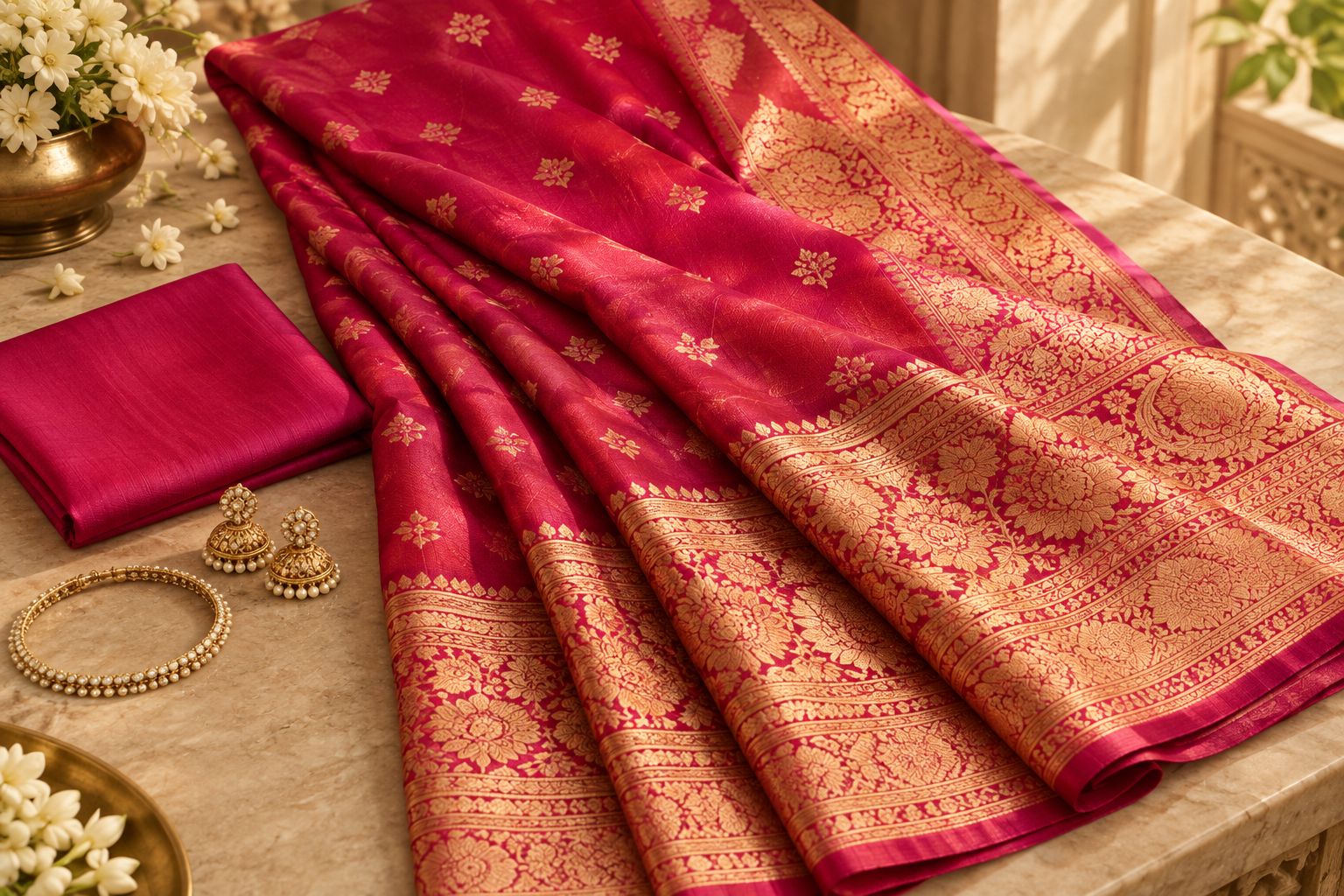 Saree border and folds beside blouse fabric and jewellery for an outfit comparison