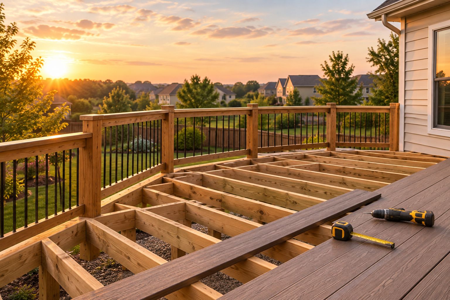 Partially built backyard deck showing joists and composite decking installation