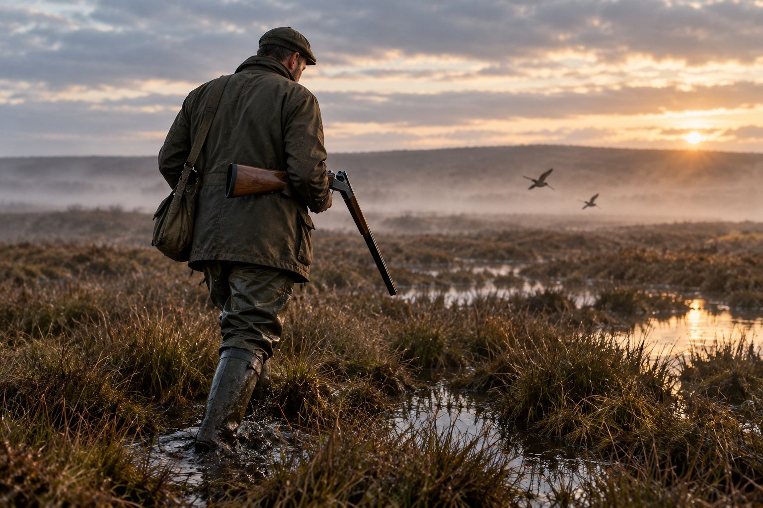 Hunter crossing wet boggy ground typical of snipe habitat in Ireland