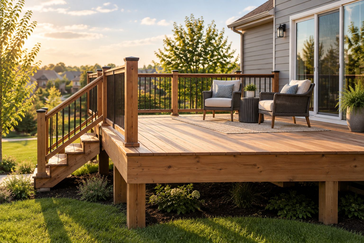 New attached wood deck on a Central Iowa home with railing and stairs
