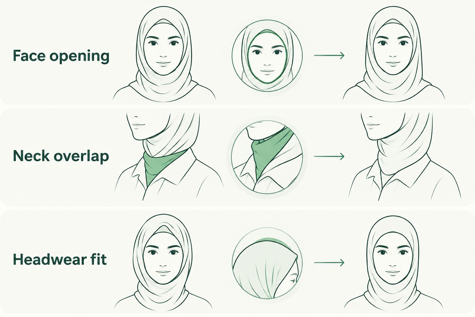Three balaclava fit checks covering the face opening, neck overlap and headwear fit