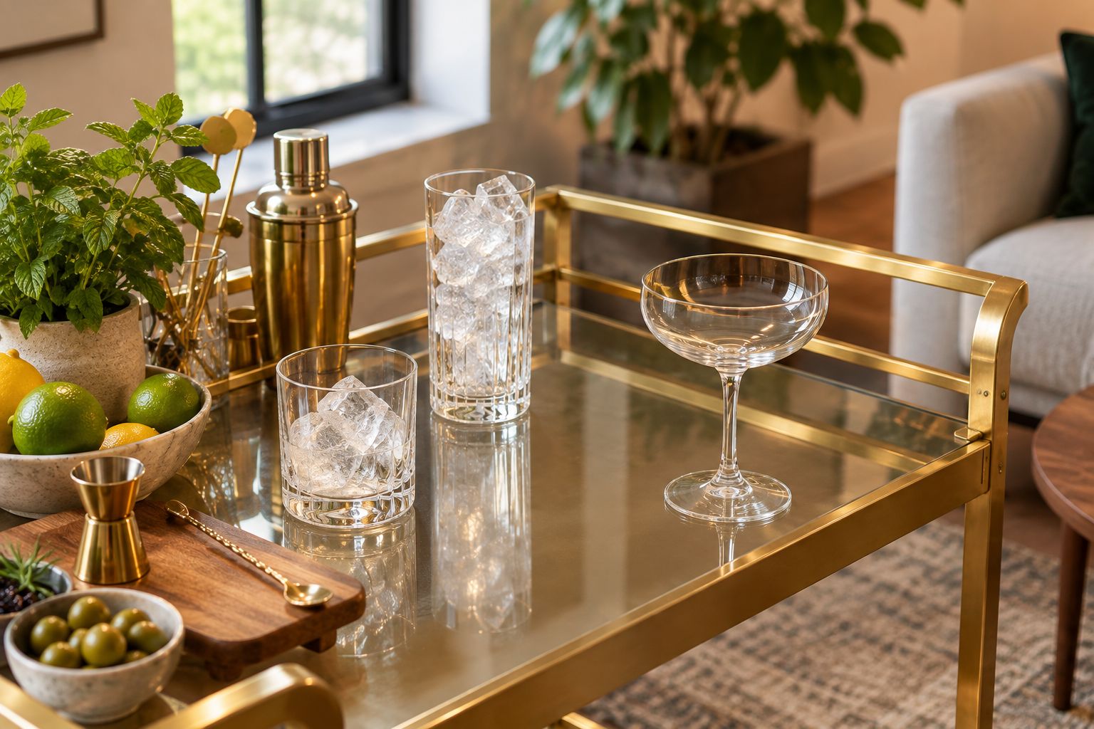 Rocks, highball, and coupe glasses showing different shapes for different serving styles