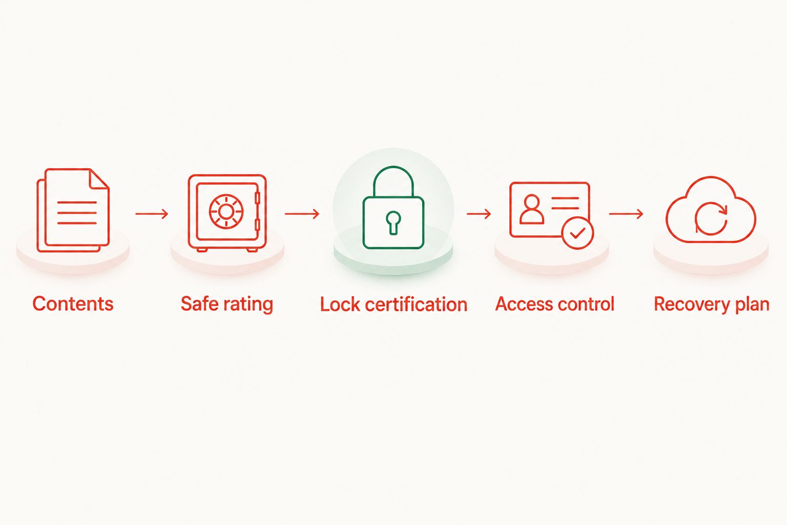 Selection sequence from stored contents through safe rating, lock certification, access control and recovery.